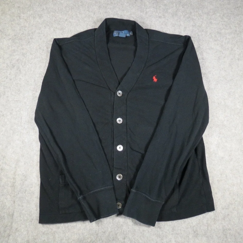 VTG Polo Ralph Lauren Mens Black Cardigan Preppy Old Money Dark Academia Size L